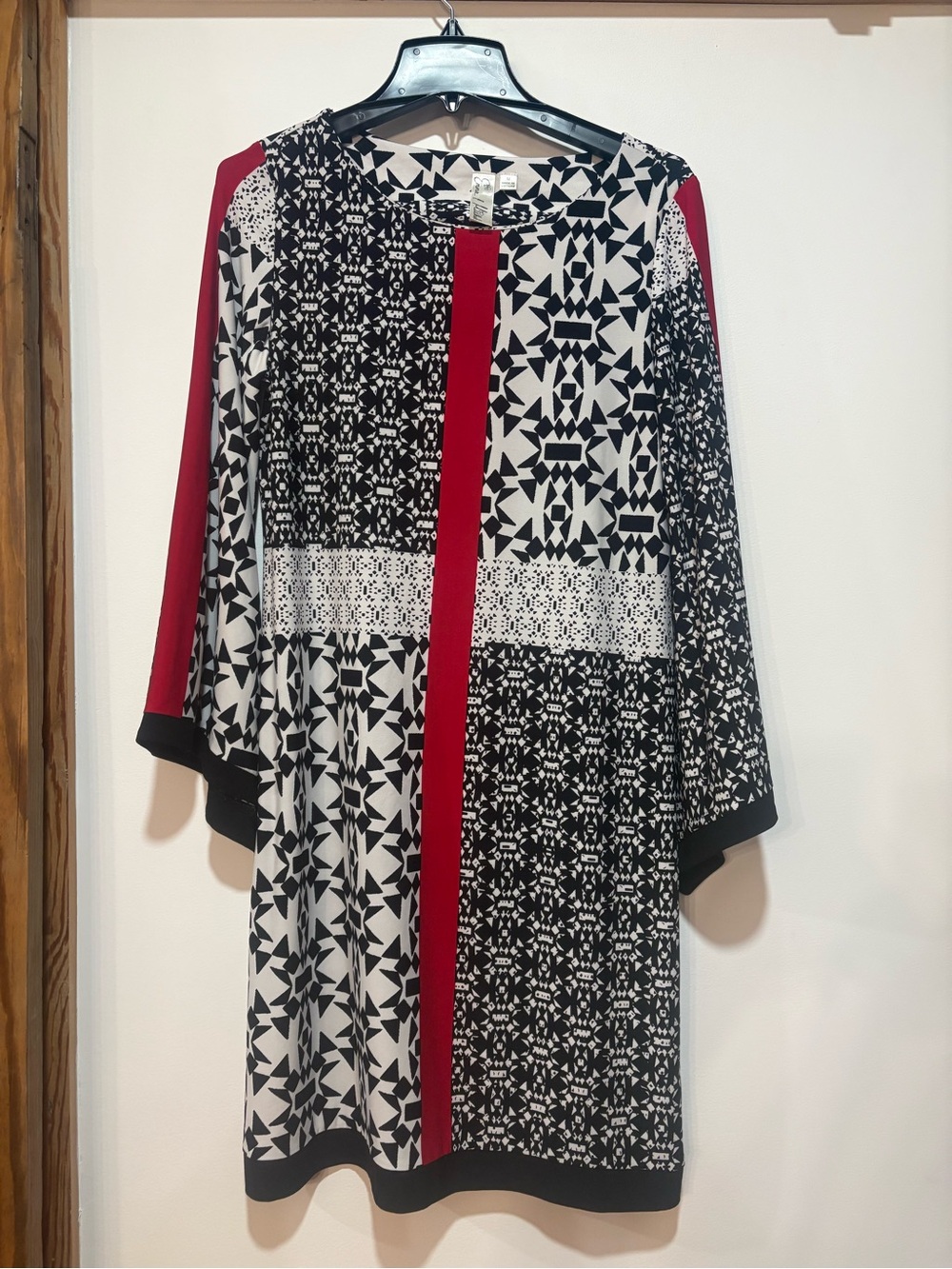 Emma & Michele Black, White & Red Geometric Panel Long-Sleeve Dress